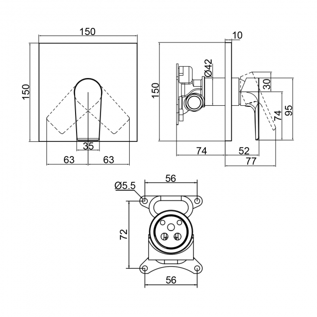 Villeroy & Boch Liberty Rectangular Concealed Shower Valve Single Outlet - Chrome  | Dimension Image