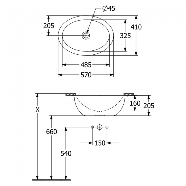 Villeroy & Boch Loop & Friends Oval Undermount Countertop Basin 485mm Wide - 0 Tap Hole