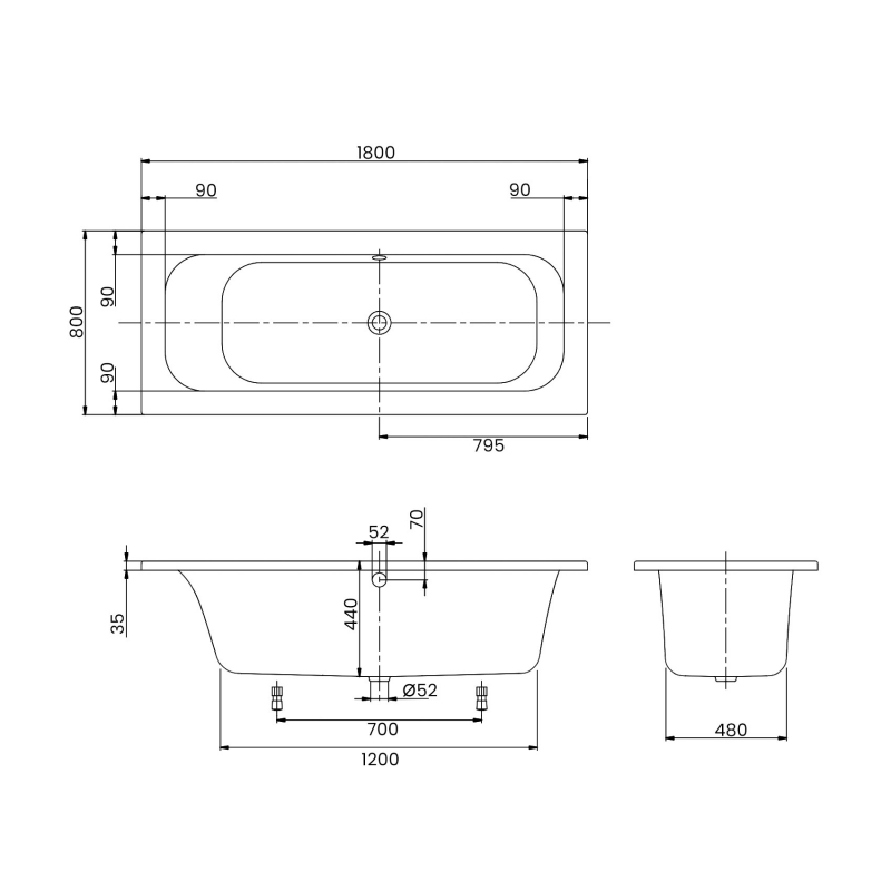 Villeroy & Boch Loop & Friends Rectangular Bath with Square Inner Form 1800mm x 800mm - 0 Tap Hole