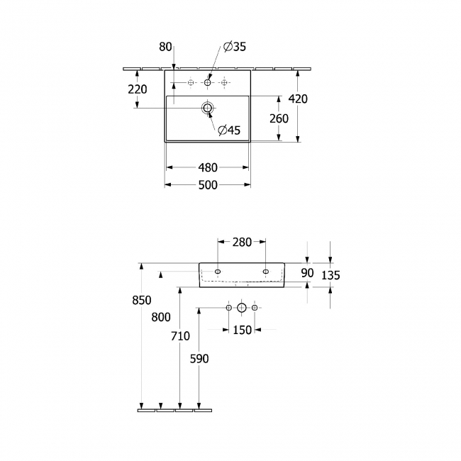 Villeroy & Boch Memento 2.0 Wall Hung Basin 500mm Wide - 1 Tap Hole