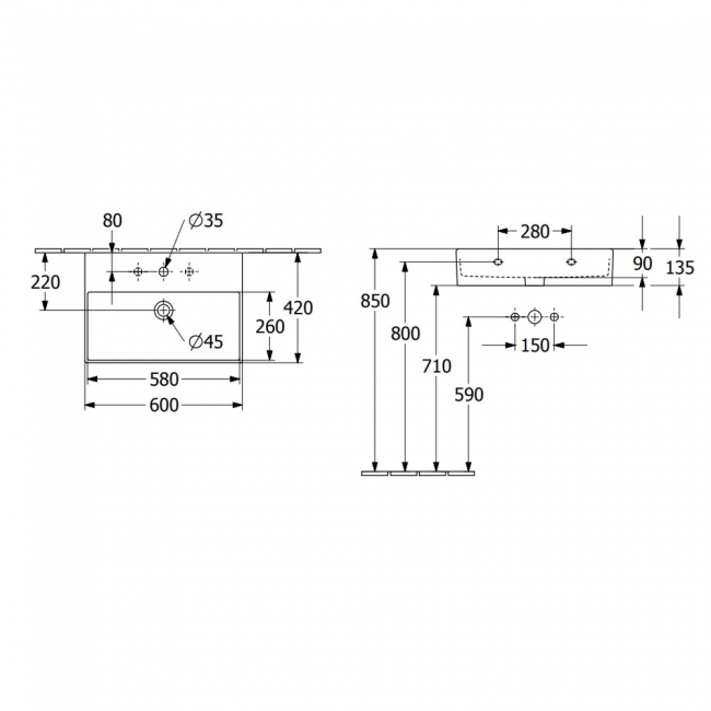 Villeroy & Boch Memento 2.0 Wall Hung Basin 600mm Wide - 1 Tap Hole