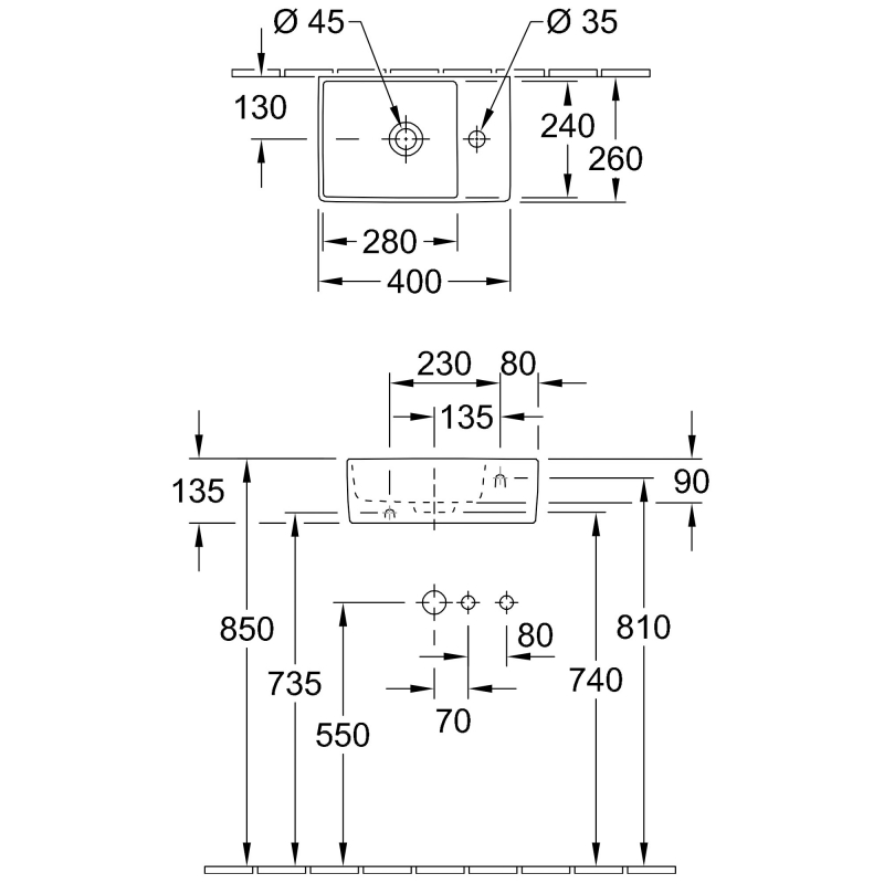 Villeroy & Boch Memento Wall Hung Basin with Towel Rail 400mm Wide - 1 Tap Hole