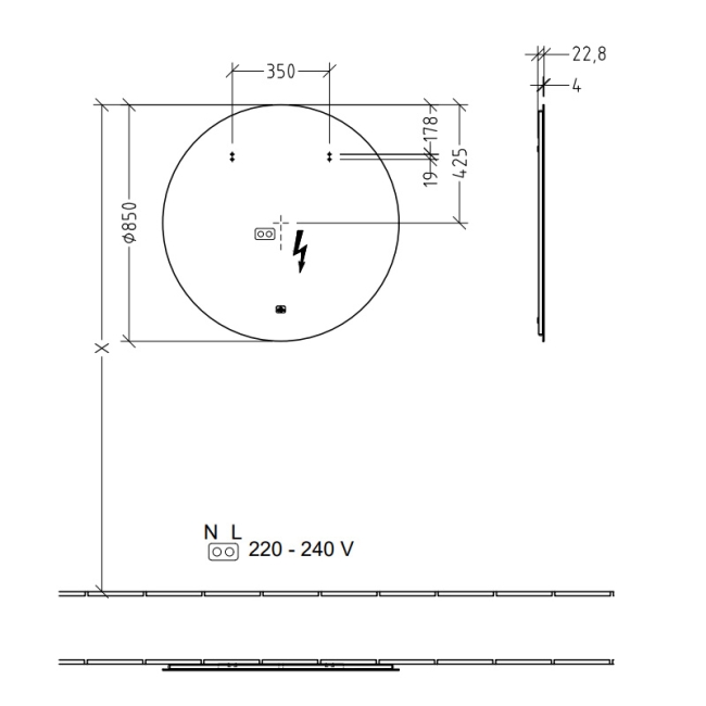 Villeroy & Boch More To See Lite LED Bathroom Mirror 850mm Diameter  | Dimension Image