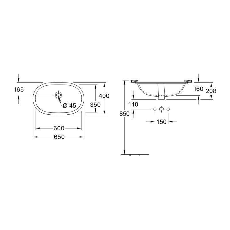 Villeroy & Boch O.novo Undermount Countertop Basin 600mm Wide - 0 Tap Hole