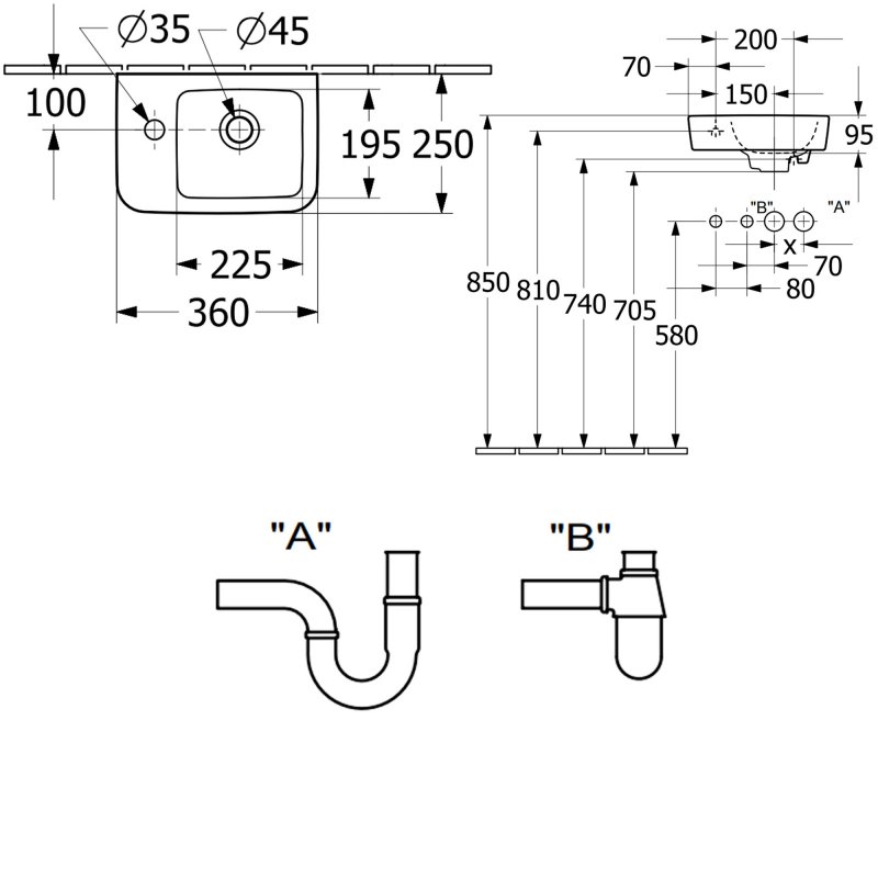 Villeroy & Boch O.novo Compact Wall Hung Basin 360mm Wide - 1 Left Hand Tap Hole