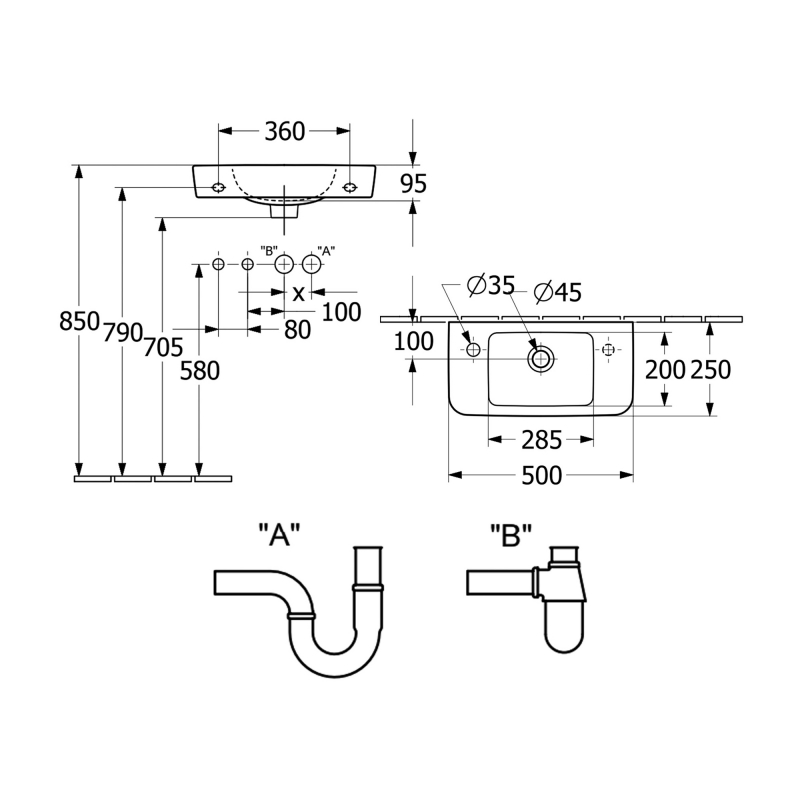Villeroy & Boch O.novo Compact Wall Hung Basin 500mm Wide - 1 Left Hand Tap Hole