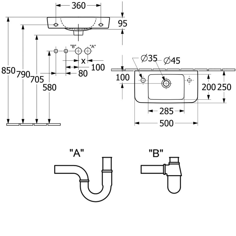 Villeroy & Boch O.novo Wall Hung Basin 4342L501 500mm 1TH