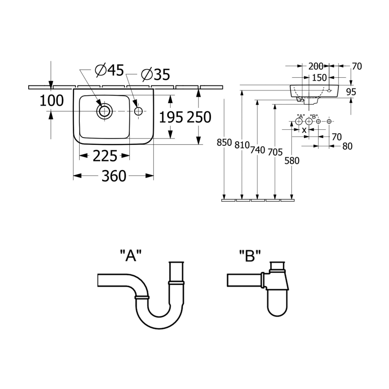 Villeroy & Boch O.novo Compact Wall Hung Basin 360mm Wide - 1 Right Hand Tap Hole