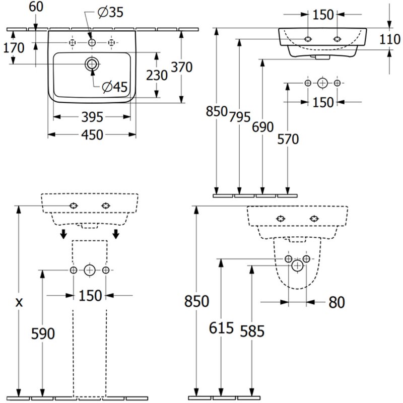 Villeroy & Boch O.novo Semi Pedestal Basin | 43444501+52670001 | 450mm ...