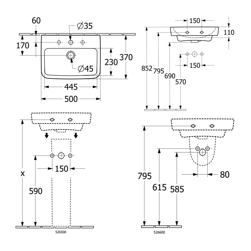 Villeroy & Boch O.novo Angular Wall Hung Basin 500mm Wide - 1 Tap Hole