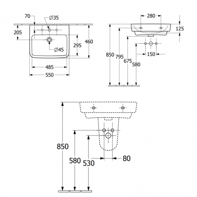 Villeroy & Boch O.novo Basin and Semi Pedestal 550mm Wide - 1 Tap Hole