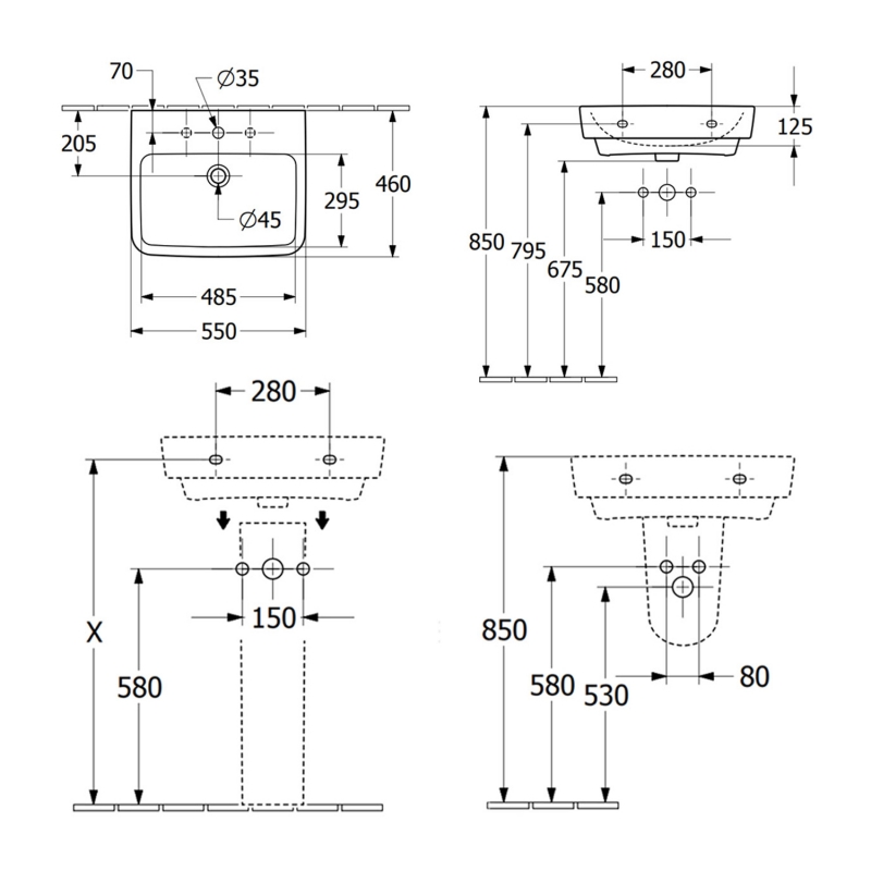 Villeroy & Boch O.novo Angular Wall Hung Basin 550mm Wide - 1 Tap Hole