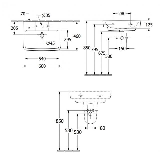 Villeroy & Boch O.novo Basin and Semi Pedestal 600mm Wide - 1 Tap Hole
