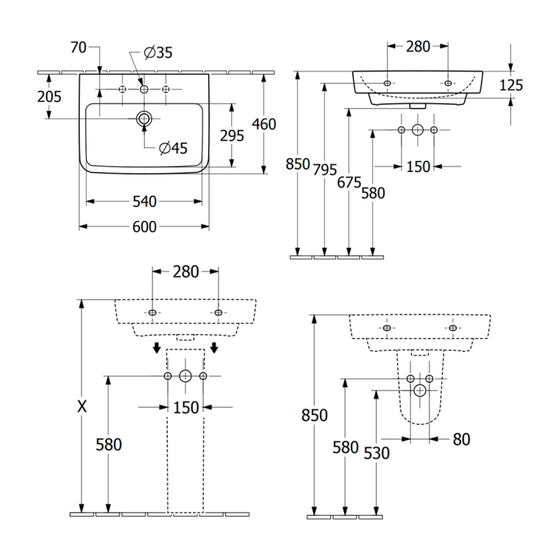 Villeroy & Boch O.novo Angular Wall Hung Basin 600mm Wide - 1 Tap Hole
