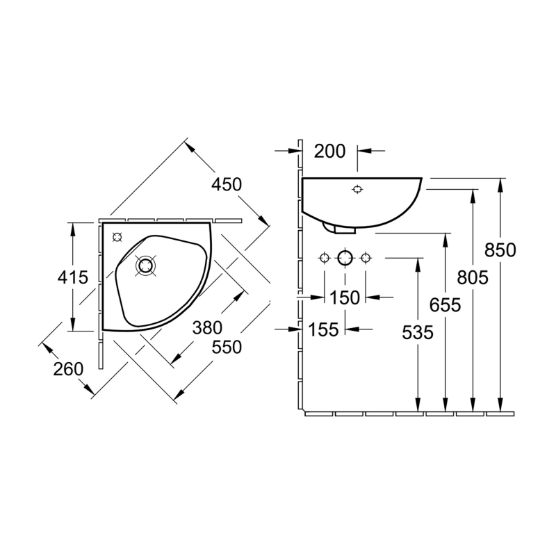 Villeroy & Boch O.novo Compact Corner Wall Hung Basin 415mm x 415mm - 1 Tap Hole