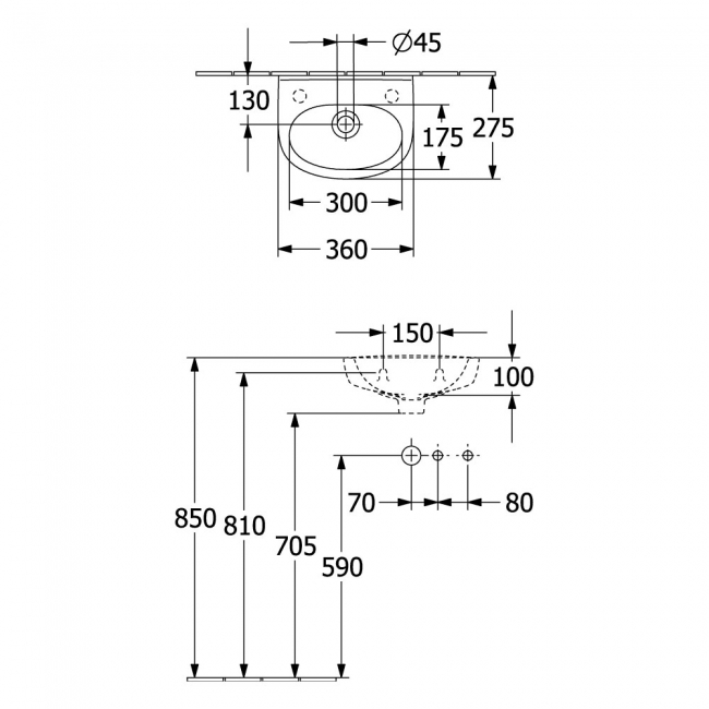 Villeroy & Boch O.Novo Lite Wall Hung Basin 360mm Wide - 0 Tap Hole