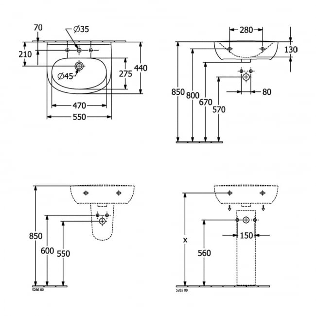 Villeroy & Boch O.Novo Lite Wall Hung Basin 550mm Wide - 1 Tap Hole