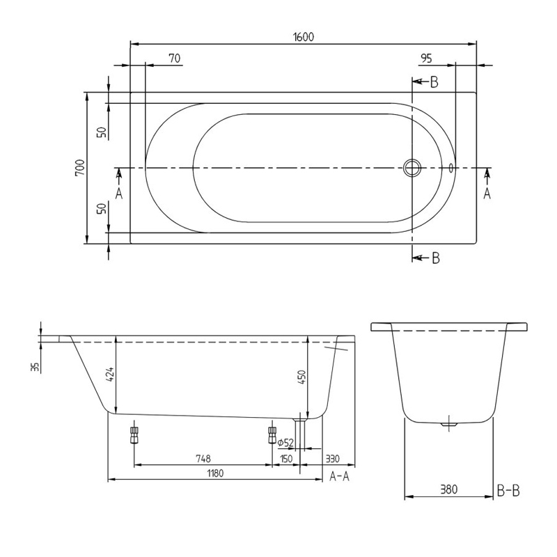 Villeroy & Boch O.novo Rectangular Acrylic Bath 1600mm x 700mm - 0 Tap Hole