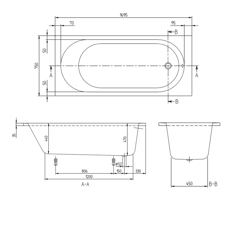 Villeroy & Boch O.novo Rectangular Acrylic Bath 1700mm x 750mm - 0 Tap Hole (inc Leg Set)