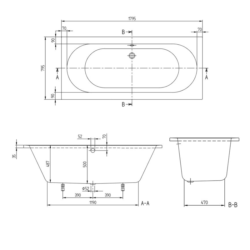 Villeroy & Boch O.novo Rectangular Acrylic Bath 1800mm x 800mm - 0 Tap Hole (inc Leg Set)
