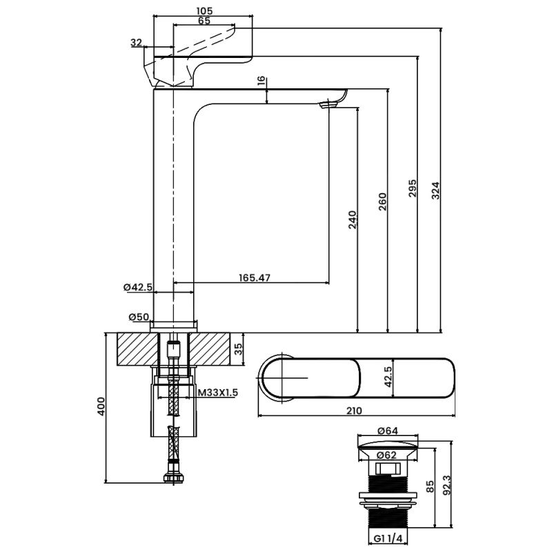 Villeroy & Boch O.novo Tall Basin Mixer Tap with Push-Open Slotted Waste - Chrome
