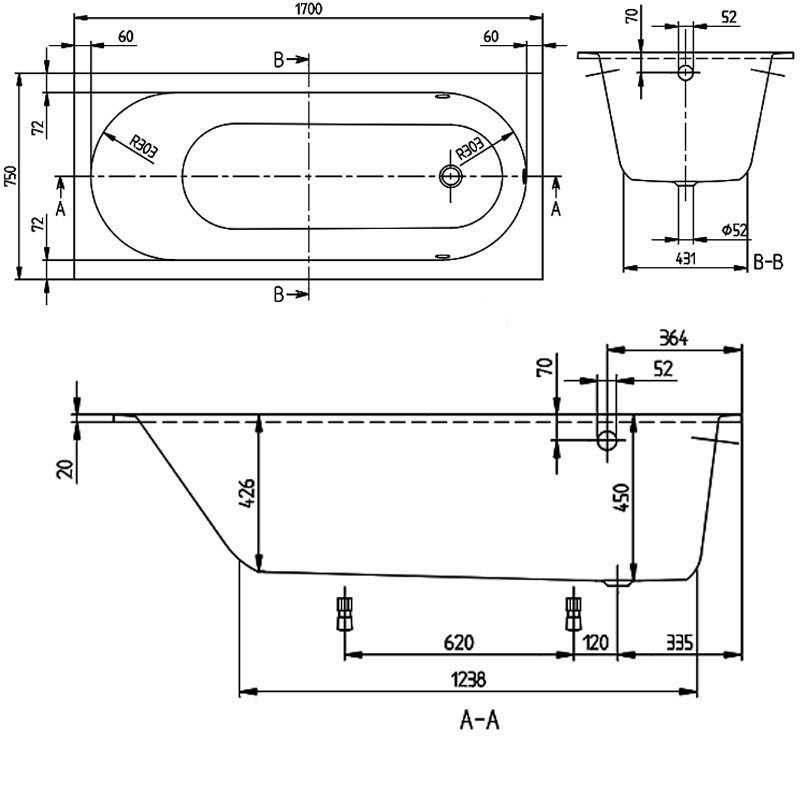Villeroy & Boch Oberon Quaryl Rectangular Acrylic Bath 1700mm x 750mm - 0 Tap Hole