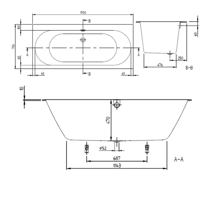 Villeroy & Boch Oberon 2.0 Duo Quaryl Rectangular Acrylic Bath 1700mm x 750mm - 0 Tap Hole
