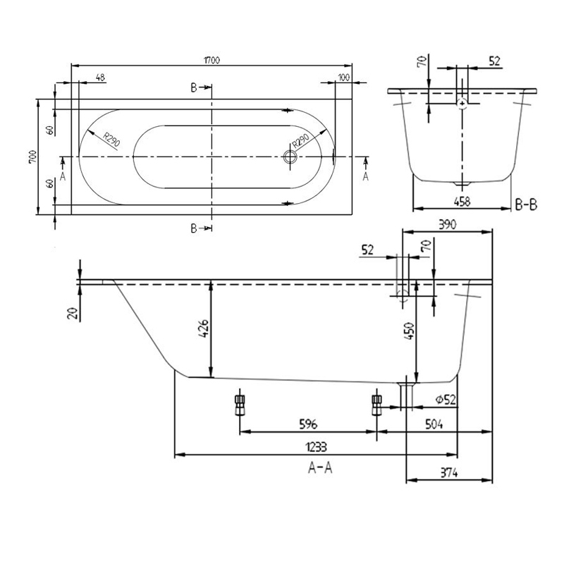 Villeroy & Boch Oberon Quaryl Rectangular Acrylic Bath 1700mm x 700mm - 0 Tap Hole (inc Leg Set)