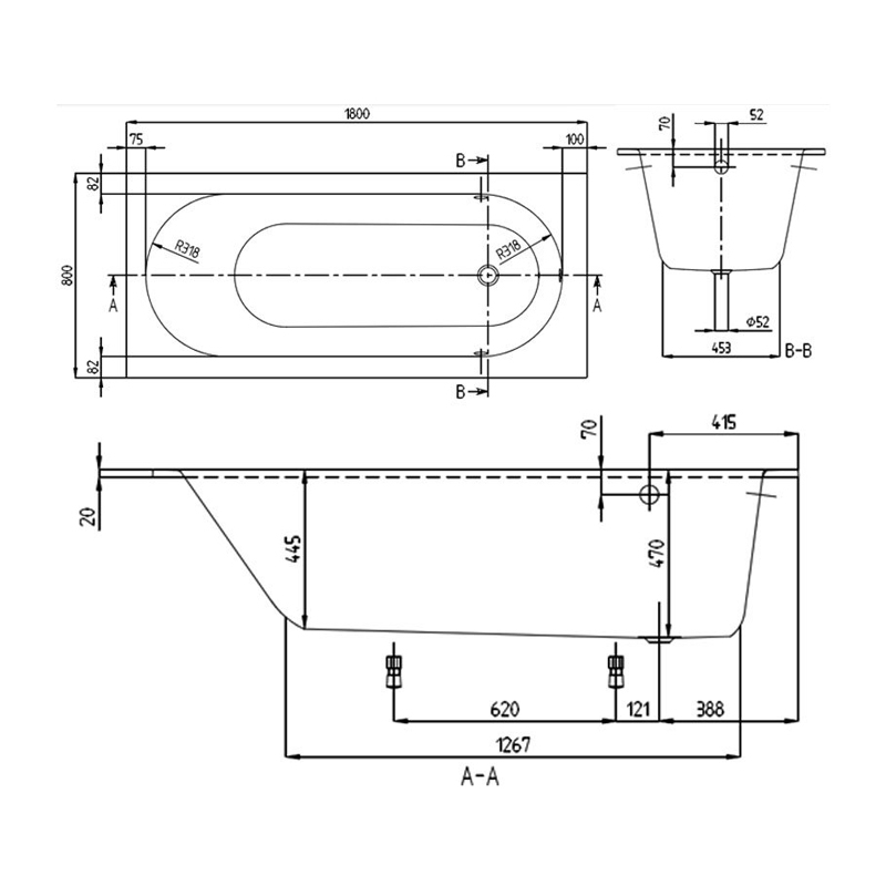 Villeroy & Boch Oberon Quaryl Rectangular Acrylic Bath 1800mm x 800mm - 0 Tap Hole (inc Leg Set)