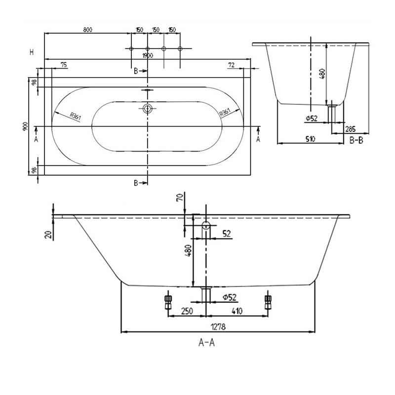 Villeroy & Boch Oberon Duo Quaryl Rectangular Acrylic Bath 1900mm x 900mm - 0 Tap Hole (inc Leg Set)