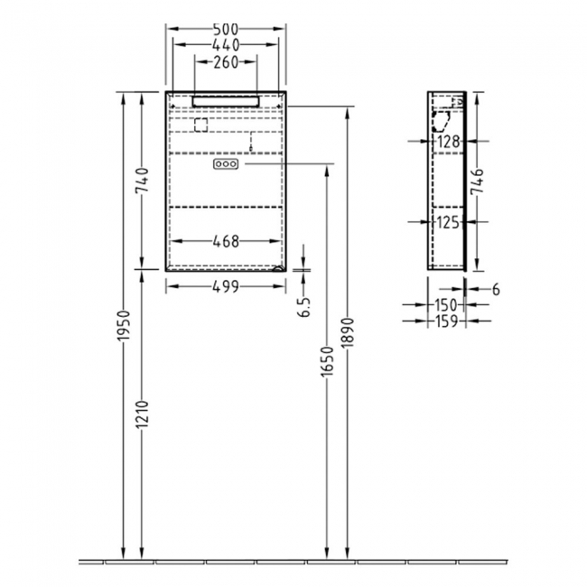 Villeroy & Boch Reflection LED Bathroom Cabinet 740mm H x 500mm W - LH Hinge  | Dimension Image