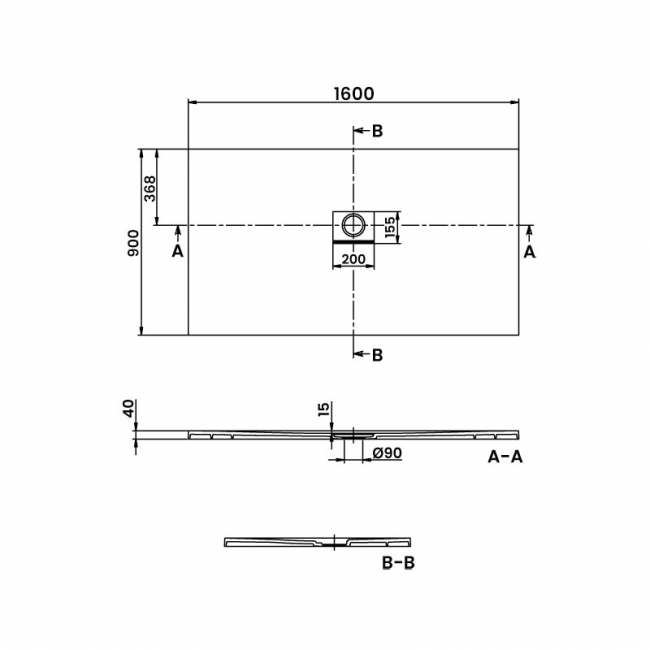 Villeroy & Boch Squaro Infinity Grey Quaryl Rectangular Shower Tray 1600mm x 900mm  | Dimension Image