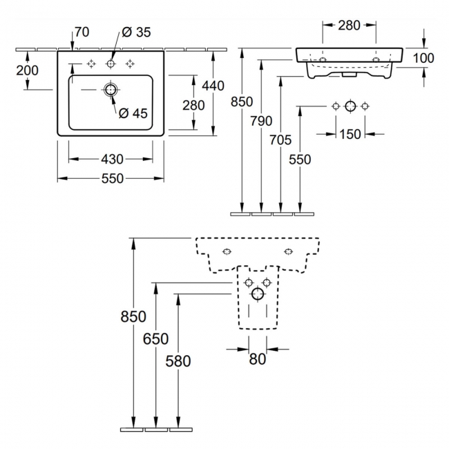 Villeroy & Boch Subway 2.0 Basin and Semi Pedestal 550mm Wide - 1 Tap Hole  | Dimension Image