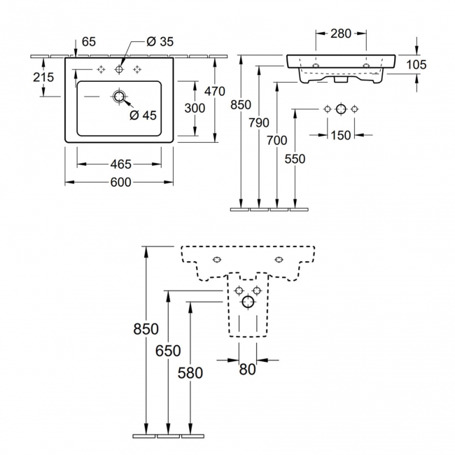 Villeroy & Boch Subway 2.0 Basin and Semi Pedestal 600mm Wide - 1 Tap Hole