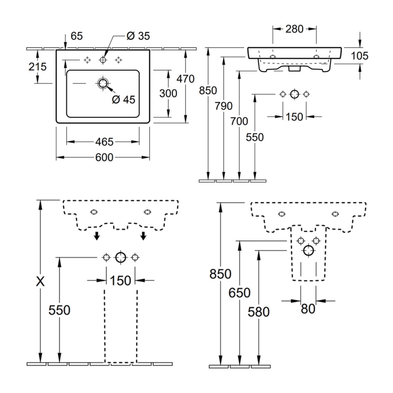 Villeroy & Boch Subway 2.0 Wall Hung Basin 600mm Wide - 1 Tap Hole