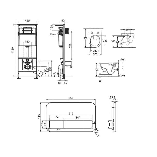 Villeroy & Boch Subway 2.0 Wall Hung Toilet Bundle with ViPro 2.0 Frame and White Flush Plate