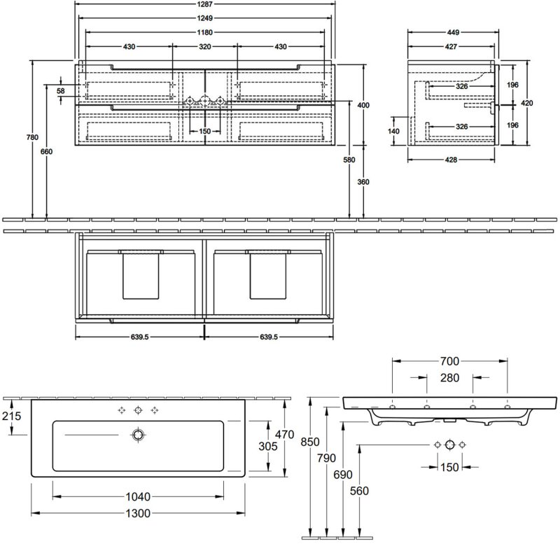 Villeroy & Boch Subway 2.0 Vainity Unit 1300mm A69110FP Glossy Grey