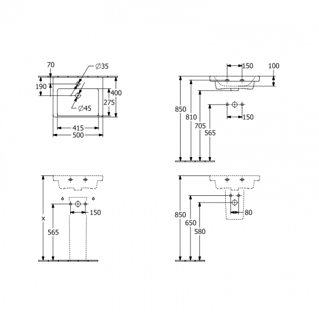 Villeroy & Boch Subway 3.0 Basin and Semi Pedestal 500mm Wide 1 Tap Hole - White Alpin  | Dimension Image