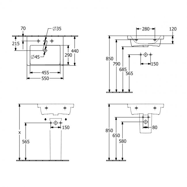 Villeroy & Boch Subway 3.0 Basin and Semi Pedestal 550mm Wide 1 Tap Hole - White Alpin  | Dimension Image