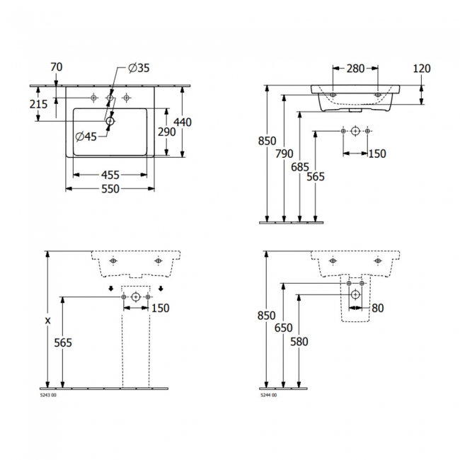 Villeroy & Boch Subway 3.0 Wall Hung Basin 550mm Wide 1 Tap Hole - White Alpin