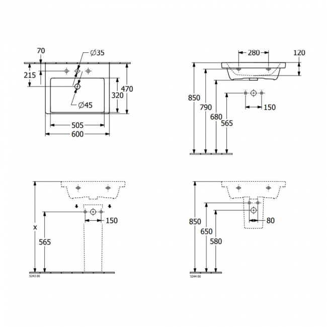 Villeroy & Boch Subway 3.0 Wall Hung Basin 600mm Wide 1 Tap Hole - White Alpin