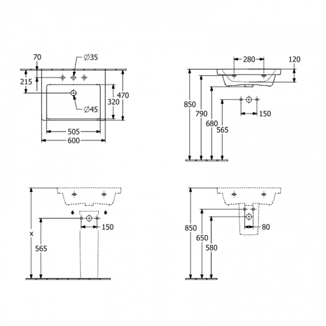Villeroy & Boch Subway 3.0 Basin and Semi Pedestal 600mm Wide 1 Tap Hole - White Alpin  | Dimension Image