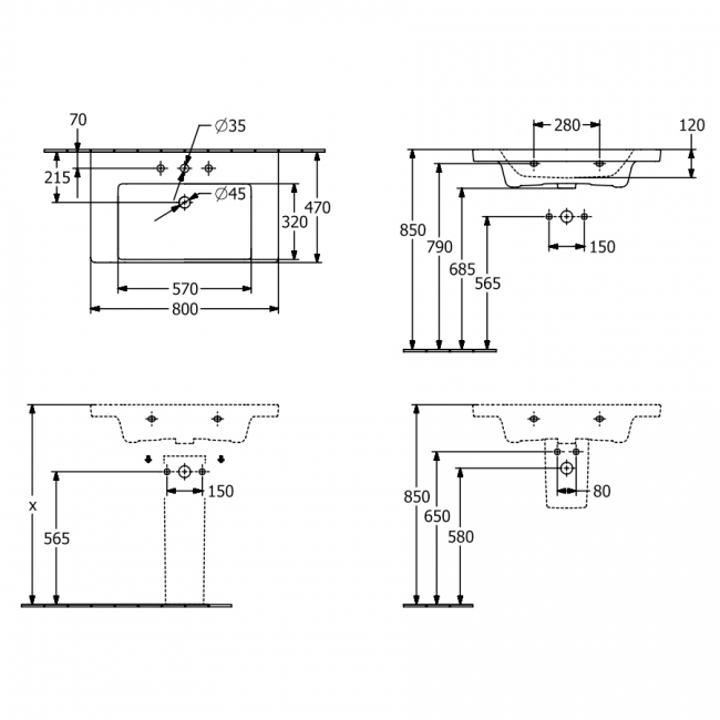 Villeroy & Boch Subway 3.0 Basin and Semi Pedestal 800mm Wide 1 Tap Hole - White Alpin  | Dimension Image