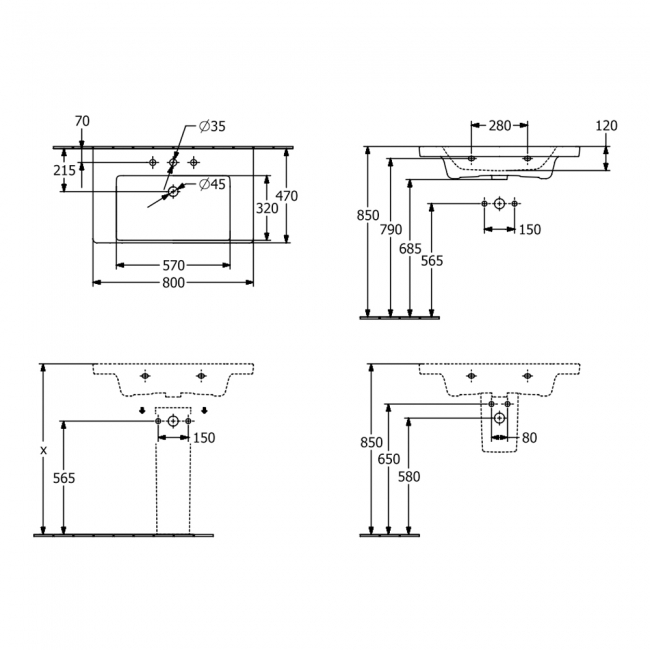 Villeroy & Boch Subway 3.0 Basin and Semi Pedestal 800mm Wide - 0 Tap Hole  | Dimension Image