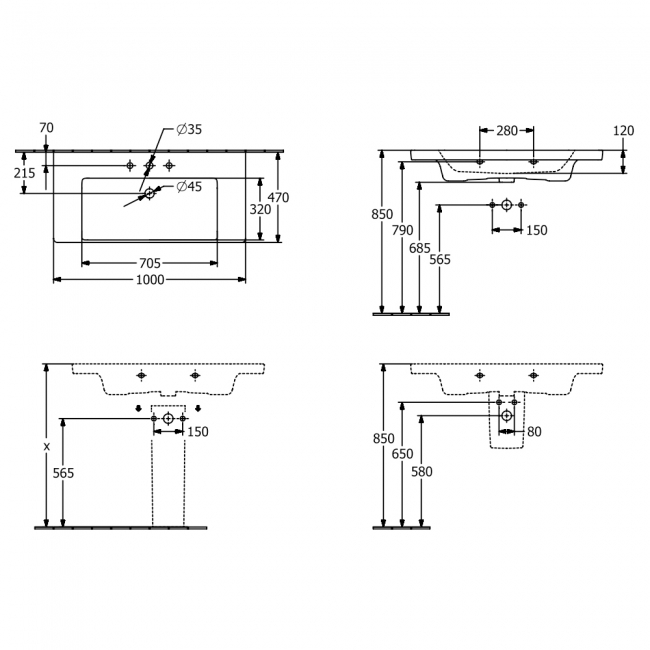 Villeroy & Boch Subway 3.0 Basin and Semi Pedestal 1000mm Wide 1 Tap Hole - White Alpin  | Dimension Image