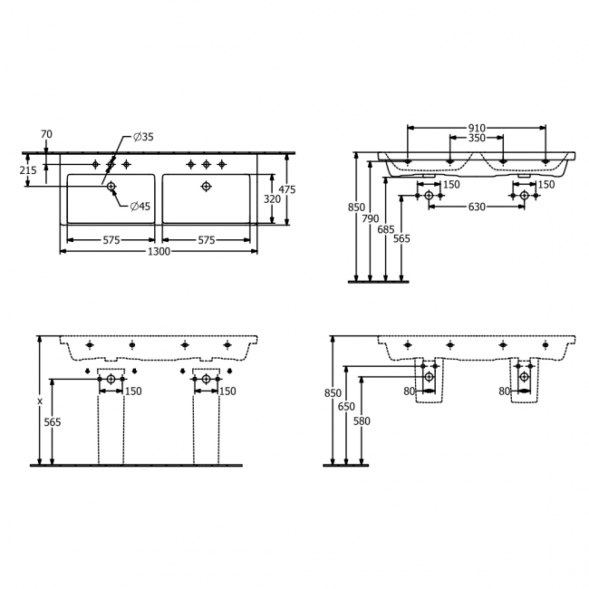 Villeroy & Boch Subway 3.0 Double Basin and Semi Pedestal 1300mm Wide 2 Tap Hole - White Alpin  | Dimension Image