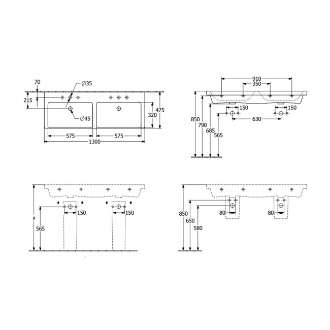 Villeroy & Boch Subway 3.0 Double Basin 1300mm Wide 2 Tap Hole - White Alpin