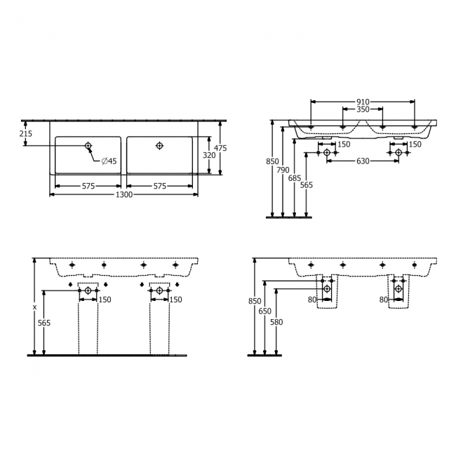 Villeroy & Boch Subway 3.0 Double Basin and Semi Pedestal 1300mm Wide - 0 Tap Hole  | Dimension Image