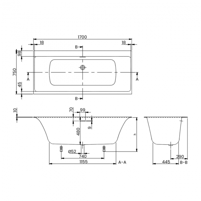 Villeroy & Boch Subway 3.0 Rectangular Quaryl Bath 1700mm x 750mm - White Alpin