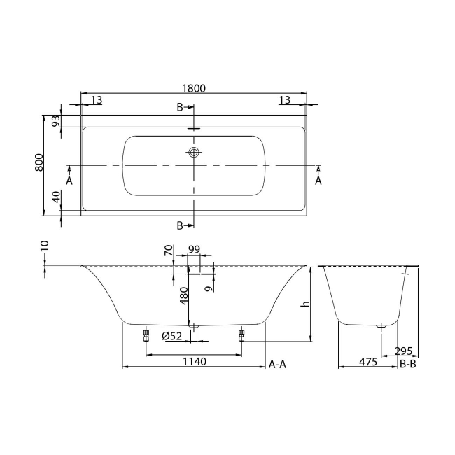 Villeroy & Boch Subway 3.0 Rectangular Quaryl Bath 1800mm x 800mm - White Alpin  | Dimension Image